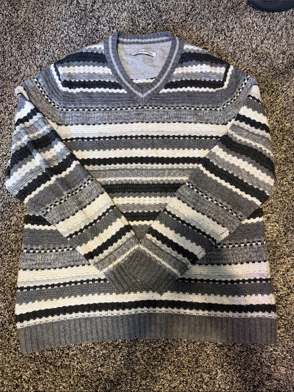 Tommy Bahama Gray, Black & Cream Striped V-Neck Sweater